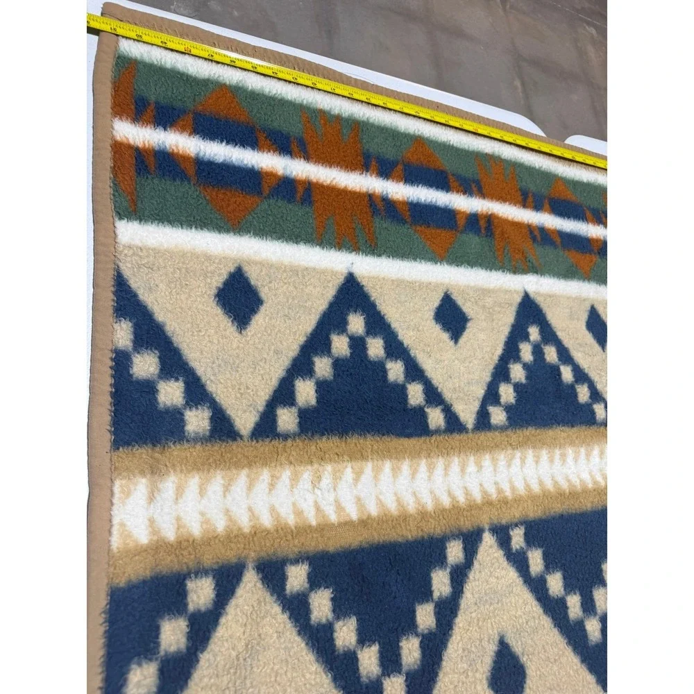 Southwestern Aztec Sherpa Fleece Blanket Navy Tan Orange‎ Geometric Throw 69x52